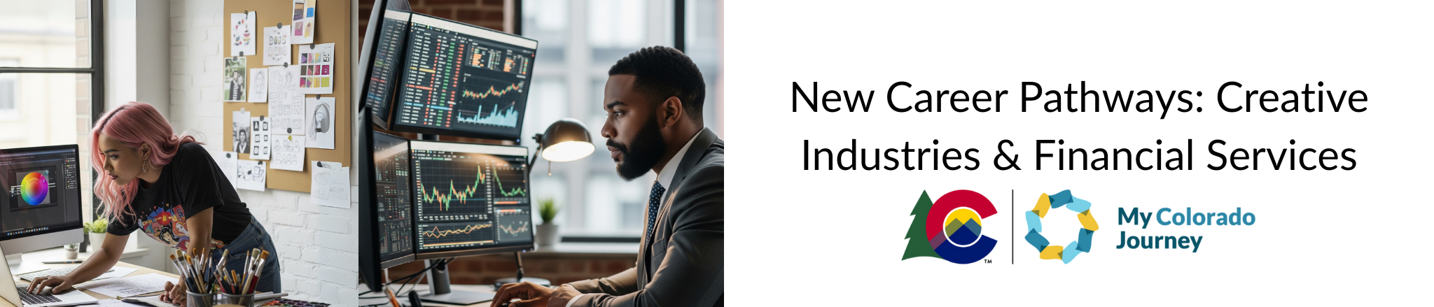 My Colorado Journey logo and images of workers in creative industries and financial services