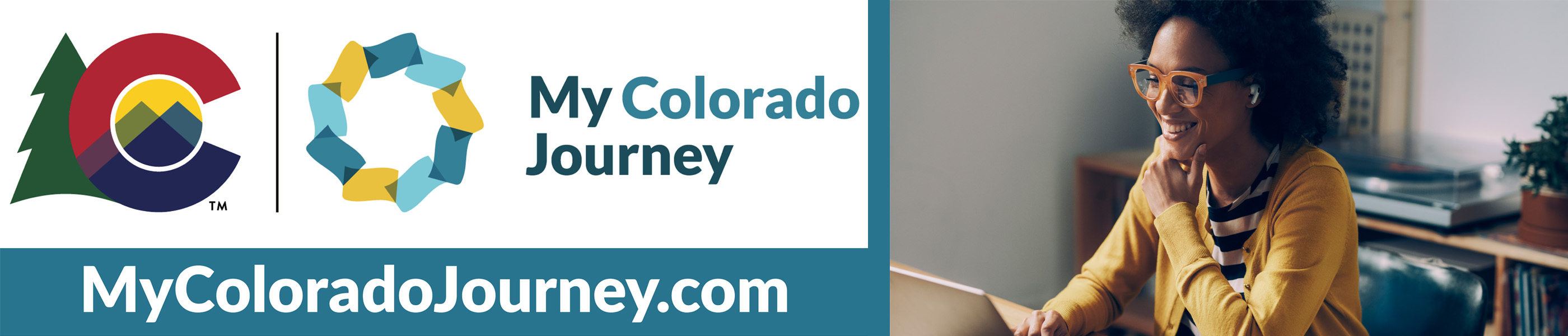 State of Colorado and My Colorado Journey logos next to a photo of a woman working on her computer.