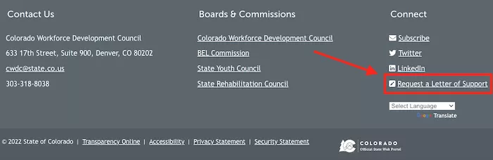 Screenshot indicating the request form on the bottom right of the CWDC website.