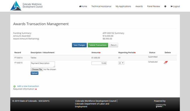 Screenshot of awards transaction management view