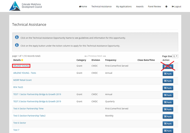 View of Technical Assistance portal page to click Apply button
